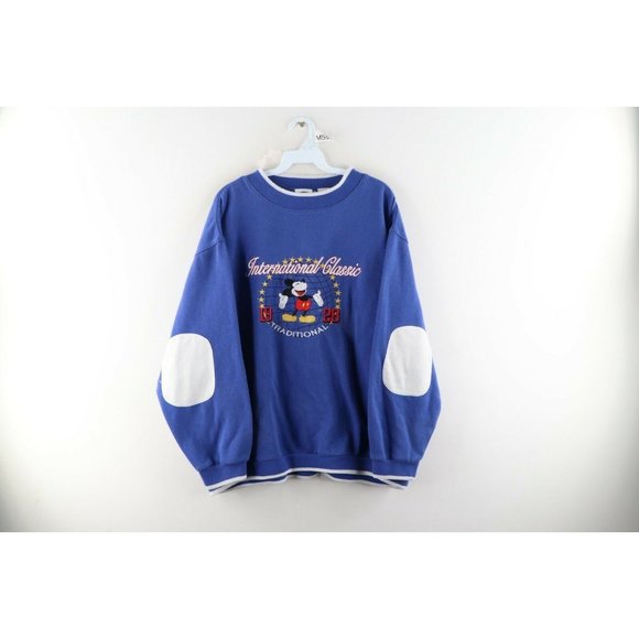 Vintage 90s Disney Mens Faded International Mickey Mouse Elbow Patch Sweatshirt